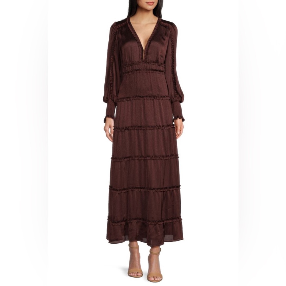 NWT Chelsea & Violet Plisse Satin Ruffle V-Neck Tiered Maxi Dress